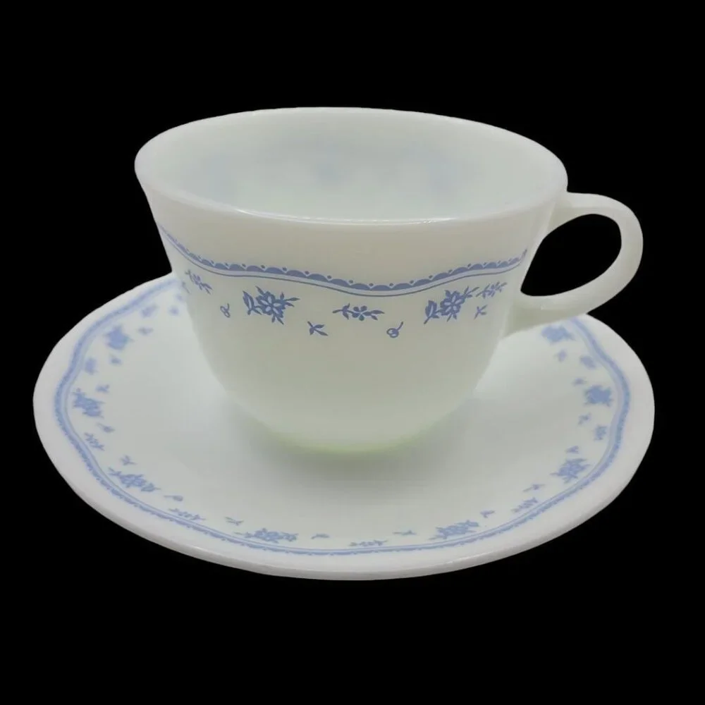 Pyrex Corelle‎ By Corning Blue Flower Teacup Saucer Set White Glass Coffee